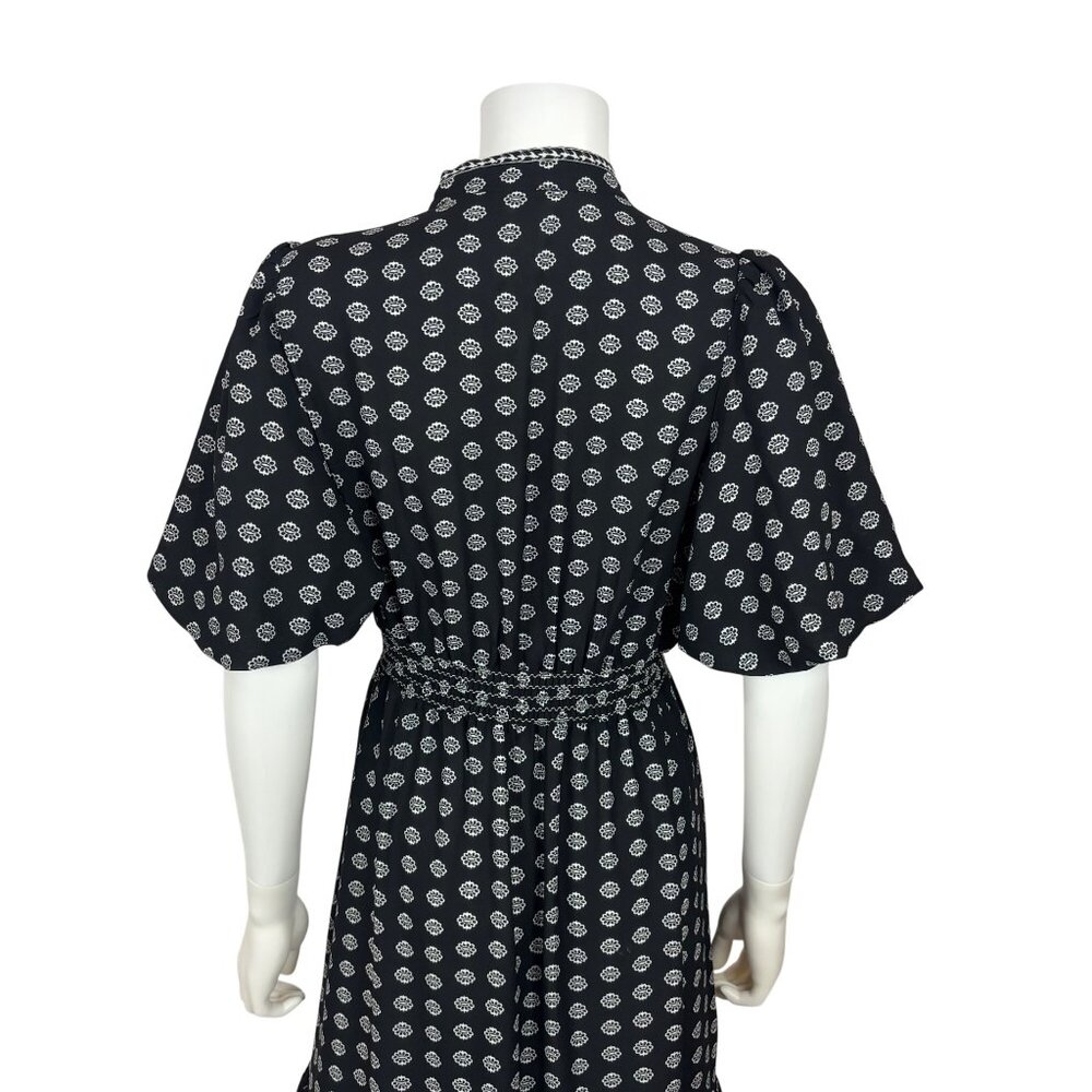 Max Studio London Floral Dress Medium Black White Printed Puff Sleeves Tiered Mi - Picture 10 of 13